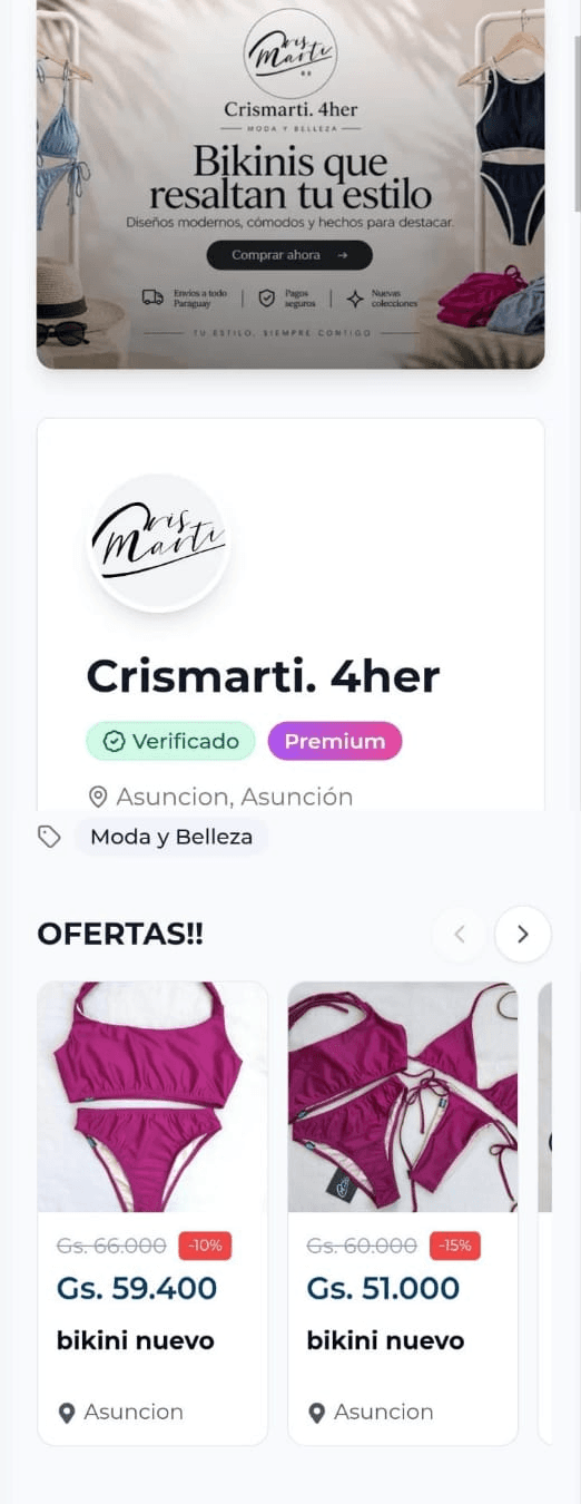 Tienda Crismarti. 4her en Trato Hecho: banner, logo, sello verificado, plan Premium, ciudad, categoría y productos con precios